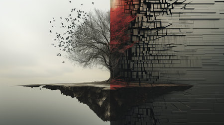 Abstract 3d rendering of landscape with black and red cubes and treeの素材