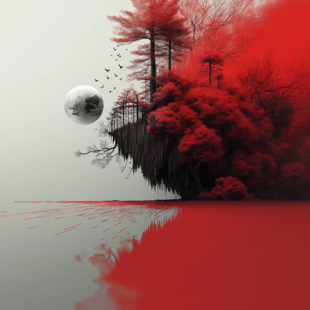 Abstract landscape with red trees and full moon. 3D illustration.の素材