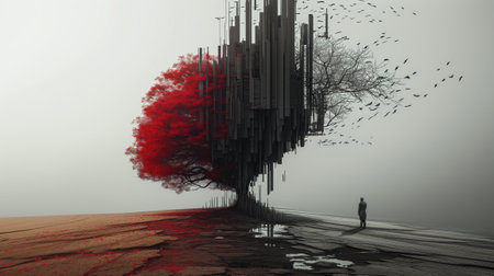 Conceptual image of a man standing in front of a tree with abstract elements in a foggy landscapeの素材