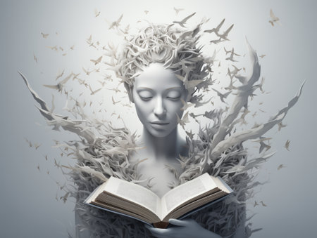 Fantasy image of a woman with a book in her hands. 3D Illustration.の素材