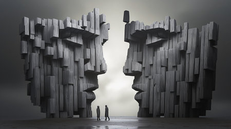 Conceptual image of people standing in front of two huge abstract stone faces. 3d illustrationの素材