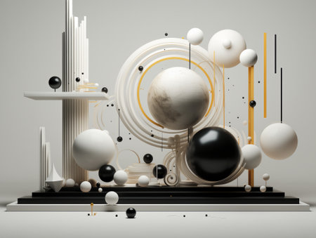 3d render, abstract geometric composition, black and white balls on gray backgroundの素材