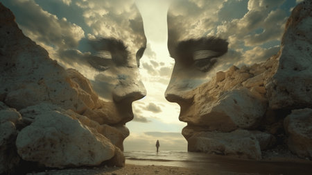 Abstract faces looking down at a person on the beach at sunset. 3d renderingの素材
