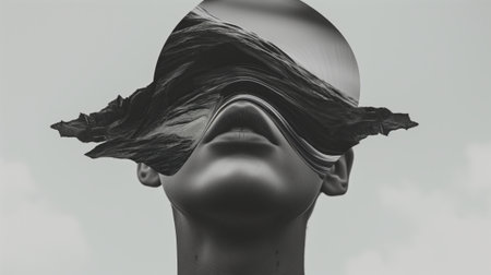 Black and white image of a head with an abstract mask covering the eyes.の素材