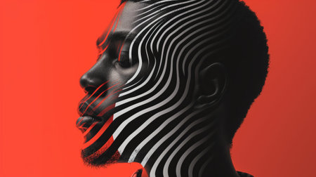 Portrait of a black man with a zebra pattern on his face. Conceptual Image. stripesの素材