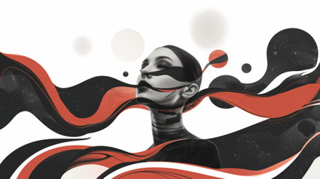 Portrait of a beautiful young woman with abstract black and red waves on her face. 3d illustration.の素材