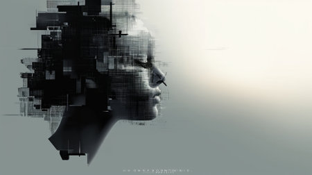 3d illustration of an abstract female face with black and white technology backgroundの素材