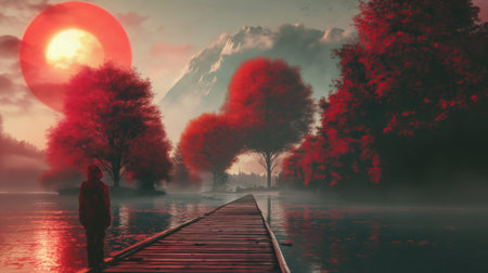 Foggy morning in the autumn forest. 3d render.の素材