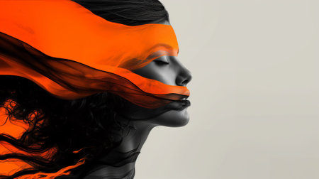 Portrait of a beautiful woman with red and orange vapor on her face, conceptual imageの素材