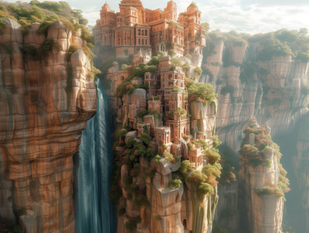 Beautiful fantasy cityscape in the canyons. 3D renderingの素材
