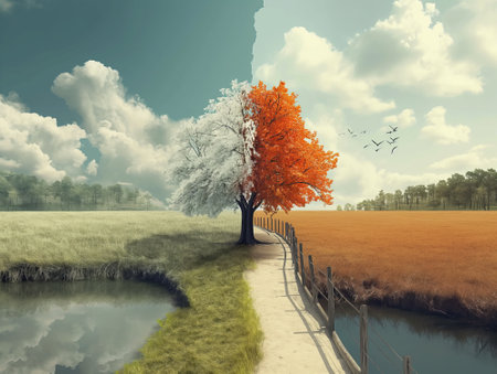 A Landscape with tree split in autumn and winter natural landscape.の素材