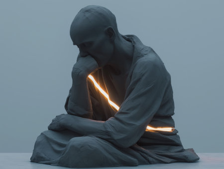 Statue of a  man in depression with a line of light over his body. Mental health concept.の素材