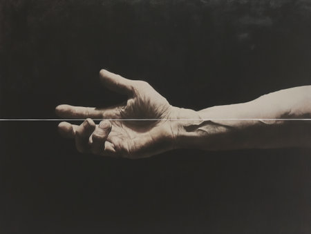 Hands of a man with a fine line on a black background.の素材