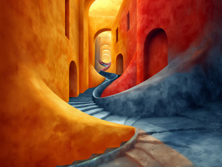 3D rendering fantasy city with a stairway and abstract houses.の素材