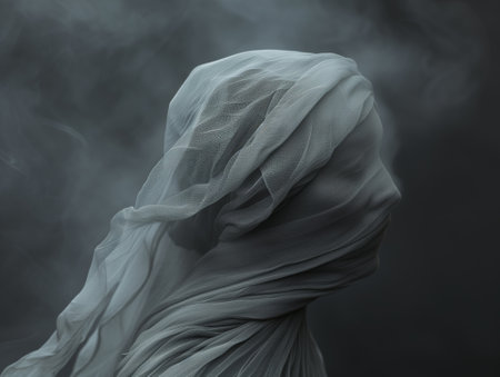 Abstract portrait of a woman in a white veil on a dark backgroundの素材