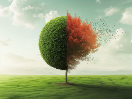 Conceptual image of a divided tree with green and red leaves.の素材