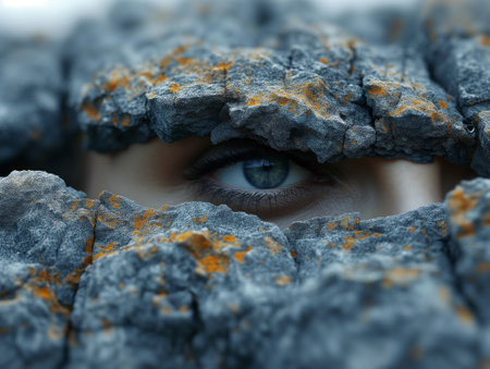 Close-up 3d rendering of a woman looking through a hole in the stoneの素材