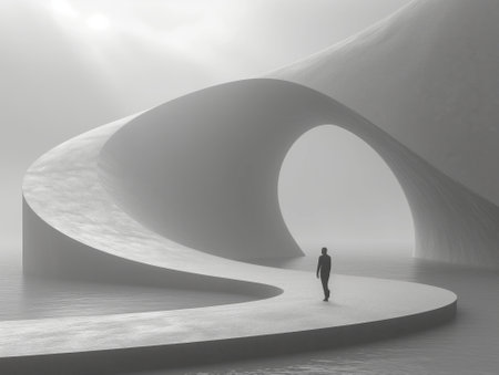 Conceptual 3D abstract architecture background, empty space with one personの素材