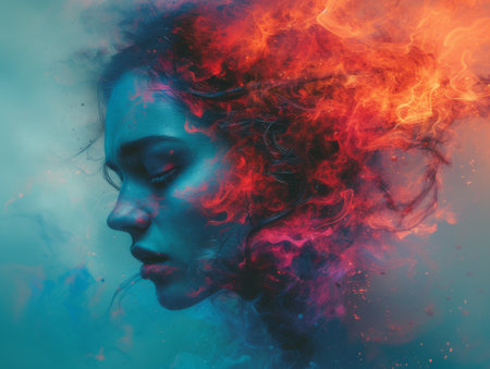 Portrait of a woman with red smoke on her face. Fantasy concept art.の素材