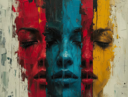 Street art collage. Portrait of three women with painted faces.の素材