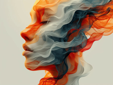 Artistic digital illustration of a woman's face combined with colorful smoke.の素材