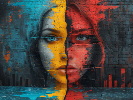 Painting on the wall of a woman's face, separated and painted with red and yellow colors.の素材