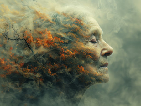 Portrait of an old woman with a cloud of smoke on her faceの素材