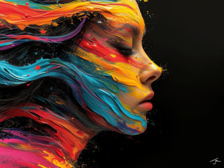 Portrait of a beautiful woman with creative painting on her face and hairの素材