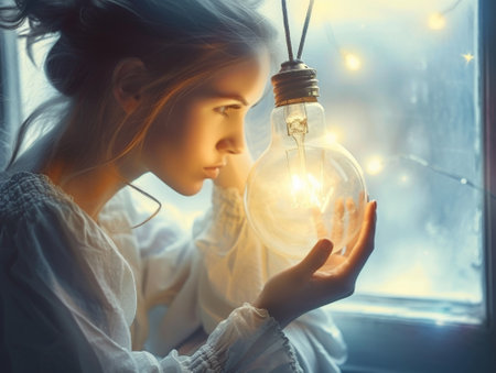 Beautiful young woman holding a glowing light bulb in her hands. Conceptual 3d rendering.の素材