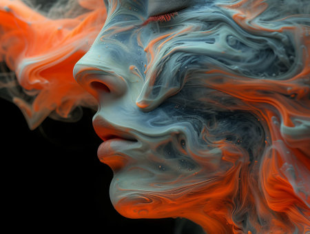 abstract image of a face made of colored smoke isolated on a black backgroundの素材