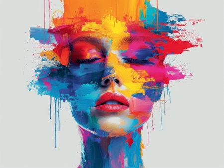 Portrait of beautiful woman with colorful paint splashes on her faceの素材