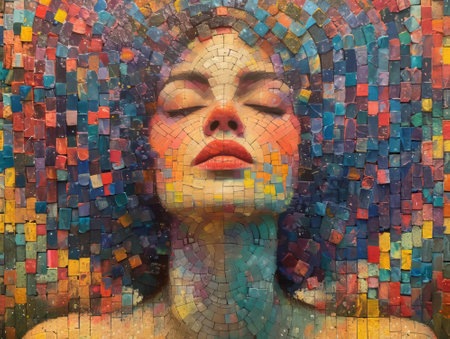 Colorful mosaic portraiting a beautiful young woman. 3D Illustration.の素材