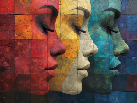 Multiple colored women's faces combined with colorful mosaic wall.の素材