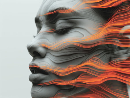 Face of a woman with abstract smoky pattern on her face. 3d renderingの素材