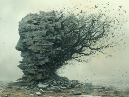 A rock and tree in the shape of a head in a foggy landscape, Computer digital drawing.の素材