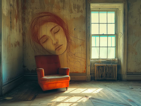 Sketch of a woman in an old room with a windowの素材
