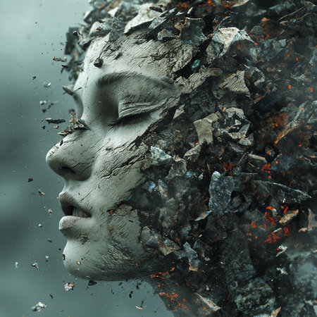 Close-up portrait of a beautiful girl with a crumbling stone face, 3d rendering.の素材