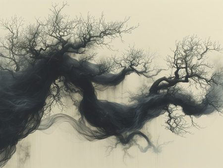 Abstract black smoke in the shape of a tree on white background. Digital art.の素材