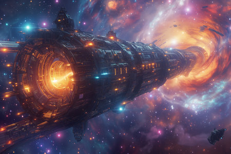 Giant space ship in deep space with stars and nebula. 3D renderingの素材