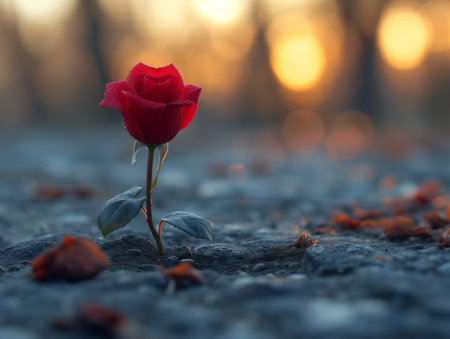 Red rose on the stone ground in the sunset. Shallow depth of field.の素材