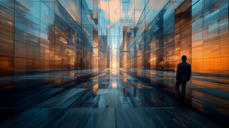 Businessman looking at an abstract modern city. 3d rendering double exposureの素材