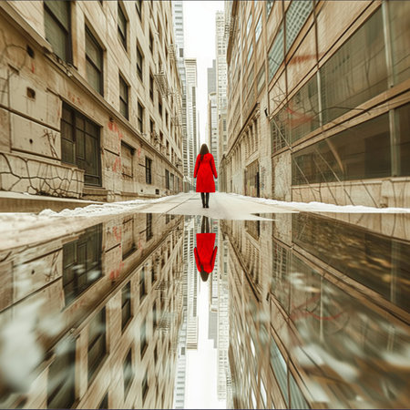 Woman in red raincoat walking in city with reflection. 3d rendering.の素材