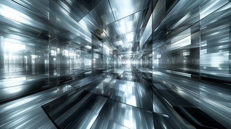 3D rendering of abstract technology concept. Surreal Interior with glass, reflections, and lights.の素材
