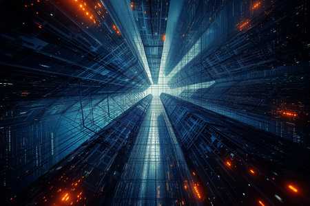 3D rendering of abstract architectural technology concept, digital hi-tech background.の素材