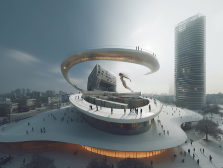 modern building with surreal levitating woman. 3d renderingの素材