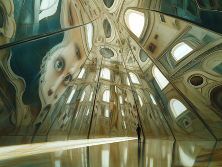 Man looking at the abstract interior of the building with surreal reflections on the walls. 3D renderingの素材