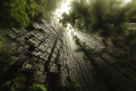 3D rendering of a futuristic building of abstract stone in the middle of the forestの素材