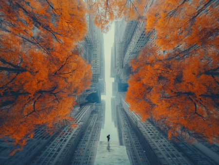 3d rendering of mixed perspectives. Walking man in a city with autumn trees.の素材