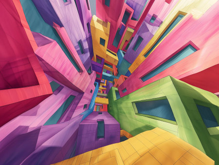 3d illustration of abstract geometric composition, multicolored background.の素材