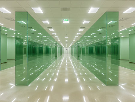 3d render of modern office corridor with abstract glass green blocksの素材